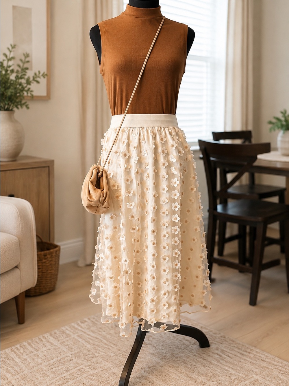 Alice Blue Cream Floral 3D Appliqué Midi Skirt